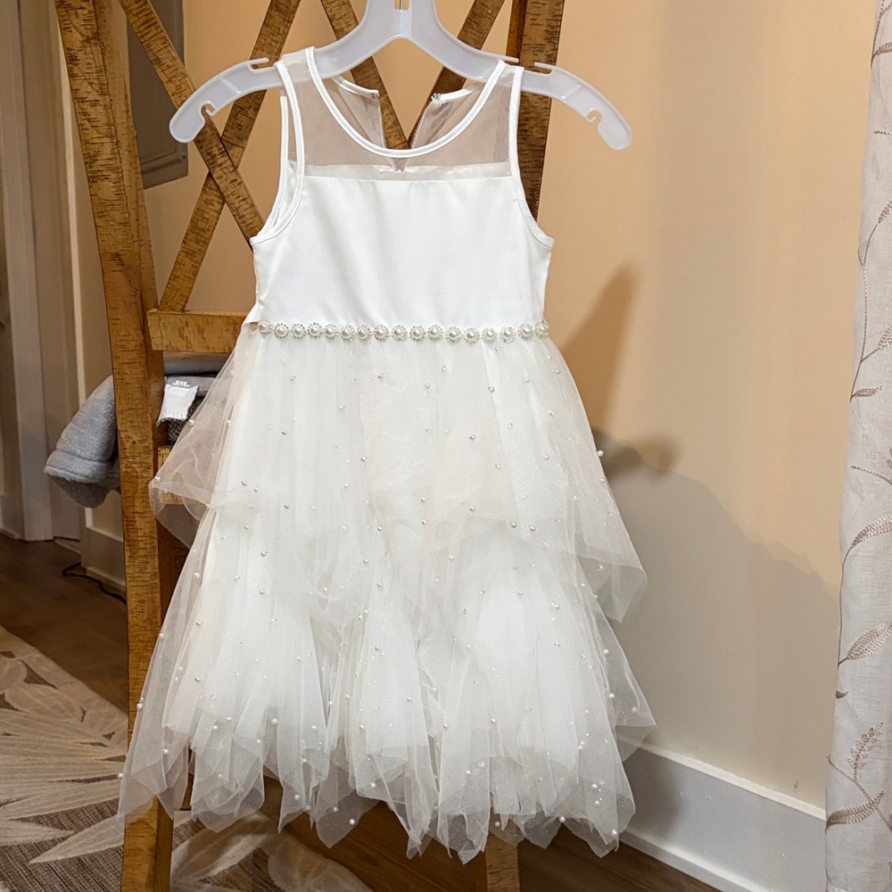 Elegant White Kids Dress with Pearl Accents